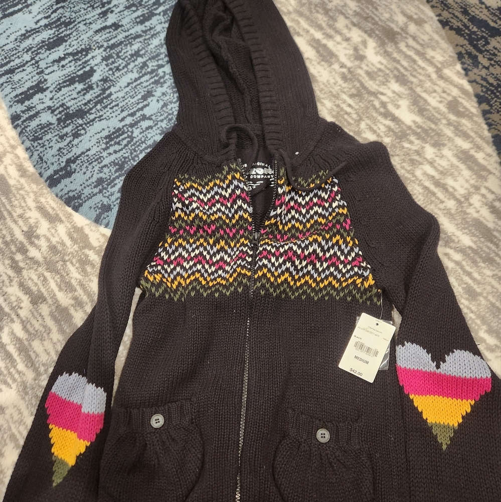 Arizona Jean Company Black Hooded Jacket with Multicolor Pattern 100% Cotton NWT
